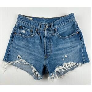 Levi's 501 Cutoff Mid-Rise Button Fly Raw Hem Denim Shorts Distressed size W26